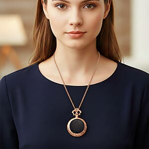 Strada Shungite Japanese Movement Butterfly Pocket Watch with Chain (36 Inches) in Rosetone 2.00 ctw