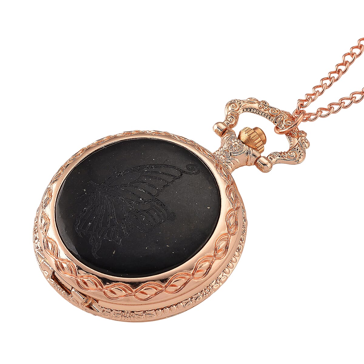 Strada Shungite Japanese Movement Butterfly Pocket Watch with Chain (36 Inches) in Rosetone 2.00 ctw image number 4
