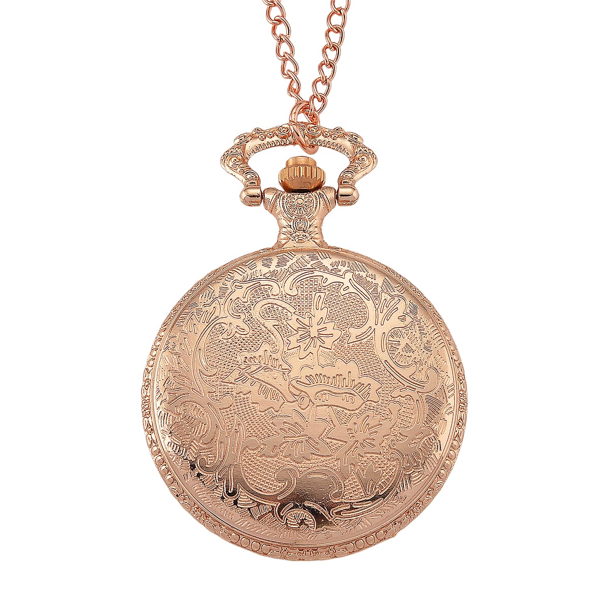 Strada Shungite Japanese Movement Butterfly Pocket Watch with Chain (36 Inches) in Rosetone 2.00 ctw image number 5