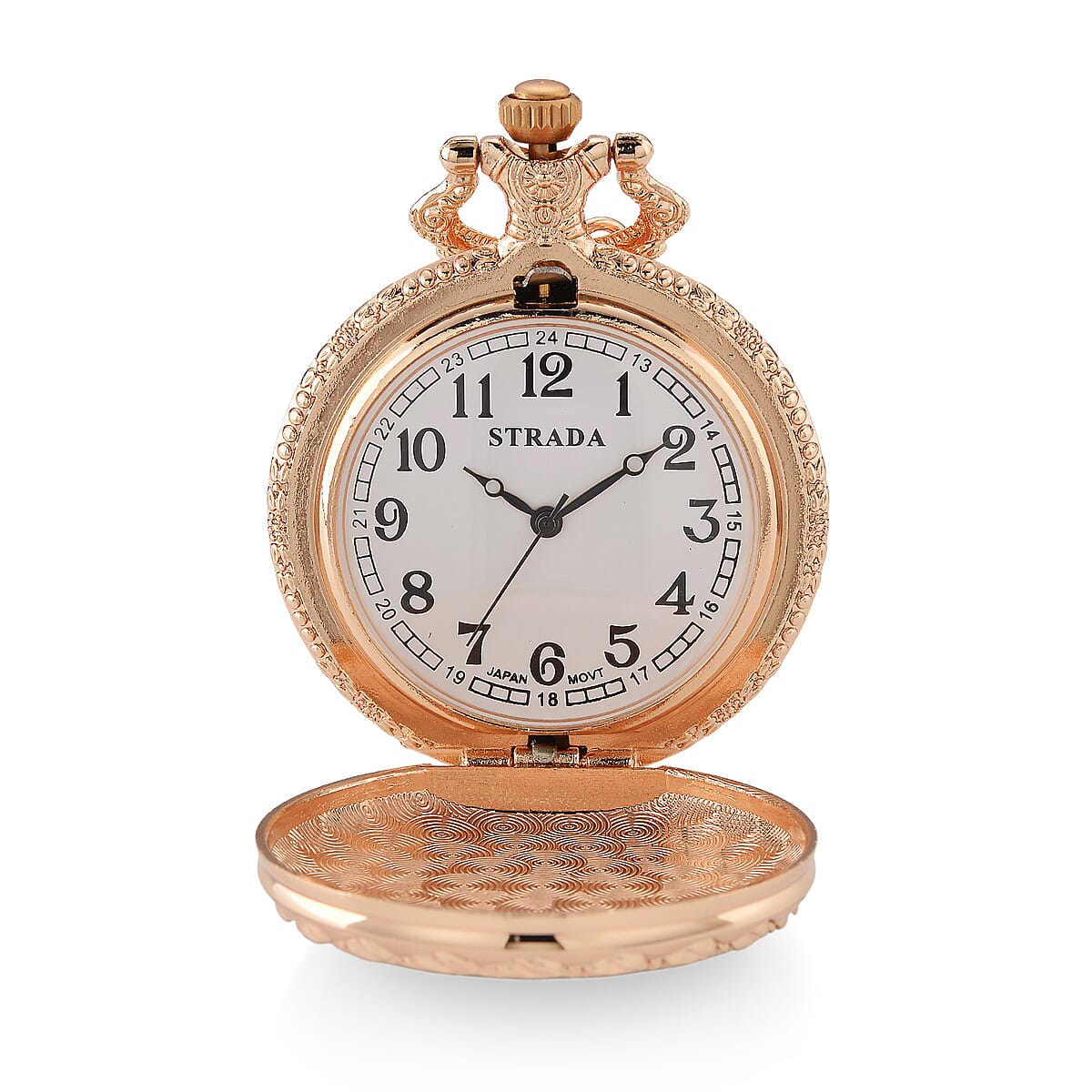 Strada Shungite Japanese Movement Butterfly Pocket Watch with Chain (36 Inches) in Rosetone 2.00 ctw image number 6