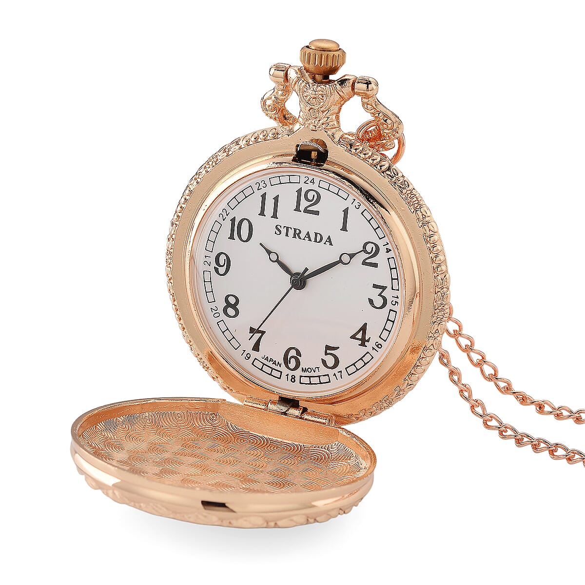 Strada Shungite Japanese Movement Butterfly Pocket Watch with Chain (36 Inches) in Rosetone 2.00 ctw image number 7