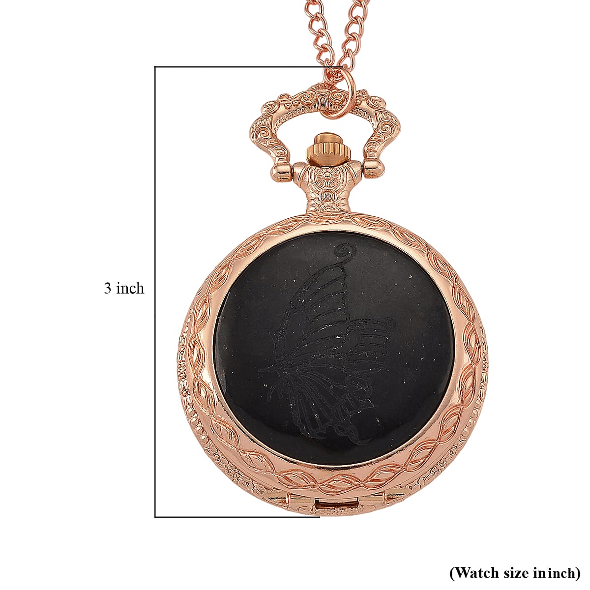 Strada Shungite Japanese Movement Butterfly Pocket Watch with Chain (36 Inches) in Rosetone 2.00 ctw image number 8