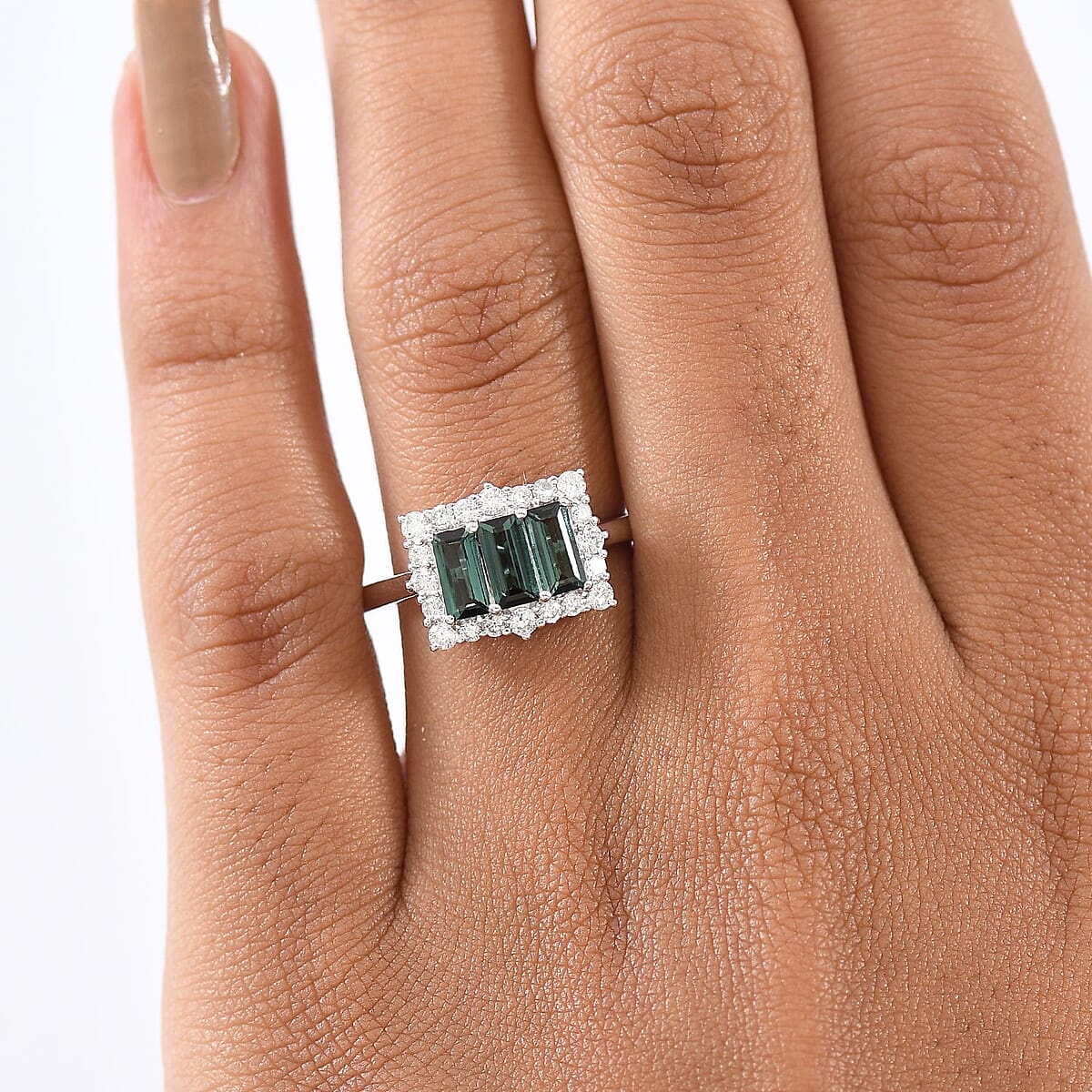 Certified & Appraised Premium Pirineu Lagoon Tourmaline and Luxuriant Lab Grown Diamond G-H SI 1.50 ctw Ring in 10K White Gold (Size 10.0)  image number 2