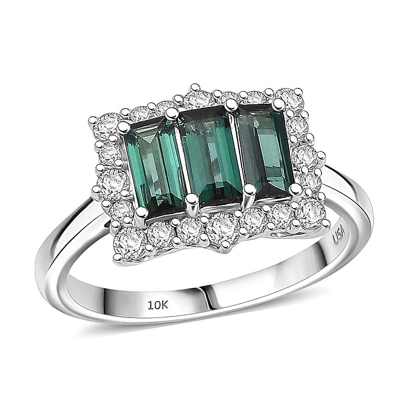 Certified & Appraised Pirineu Lagoon Tourmaline, Lab Grown Diamond Ring in 10K White Gold 1.50 ctw (Size 6.0)