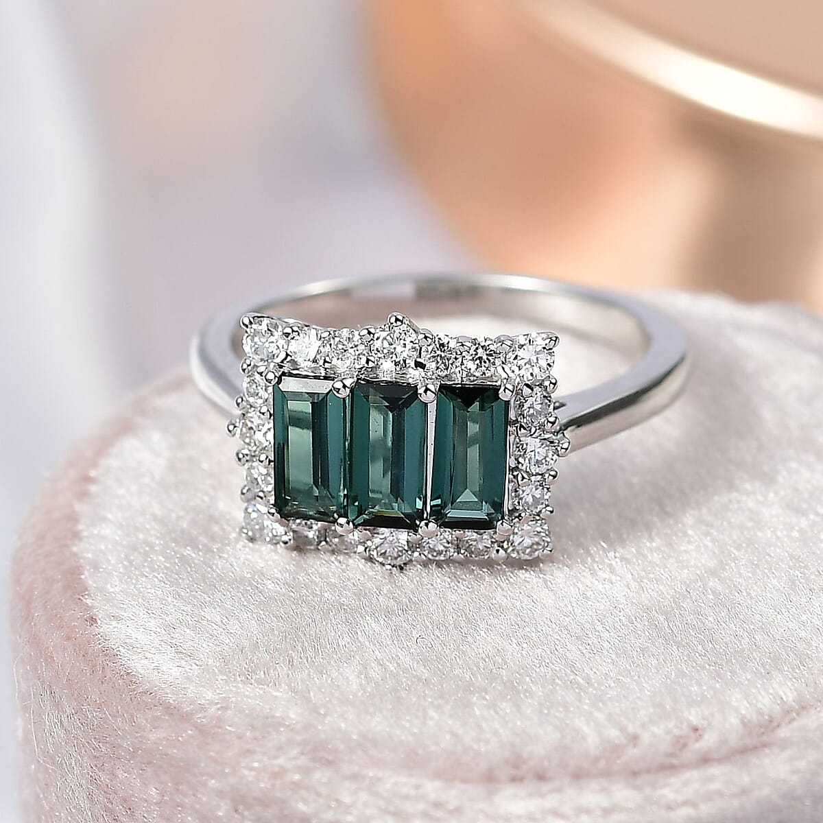 Certified & Appraised Premium Pirineu Lagoon Tourmaline and Luxuriant Lab Grown Diamond G-H SI 1.50 ctw Ring in 10K White Gold (Size 7.0)  image number 1