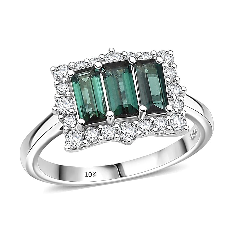 Certified & Appraised Premium Pirineu Lagoon Tourmaline and Luxuriant Lab Grown Diamond G-H SI 1.50 ctw Ring in 10K White Gold (Size 8.0)