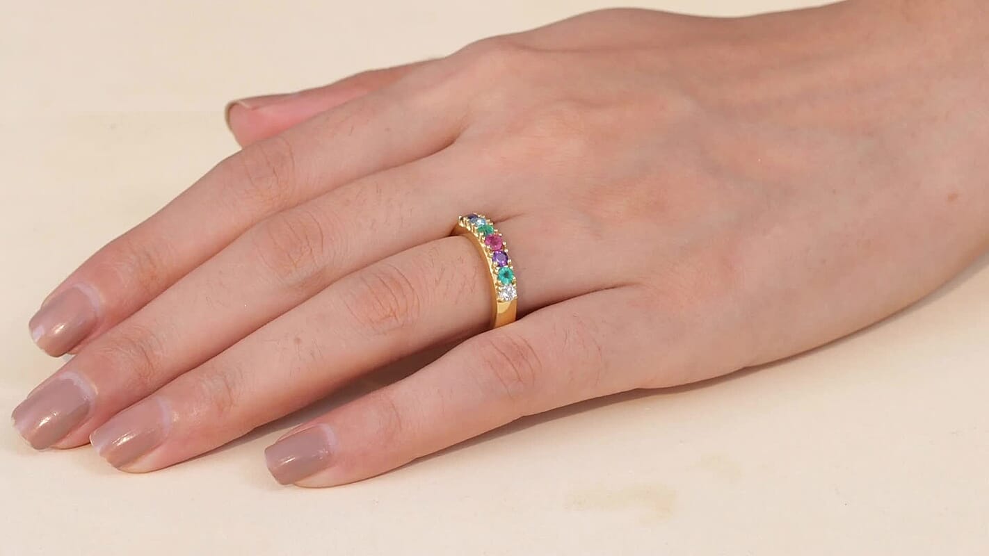 D'Joy Multi Gemstones, Lab Grown Diamond (I1) Ring in 18K Vermeil YG Over Sterling Silver (Size 5.0) 0.90 ctw