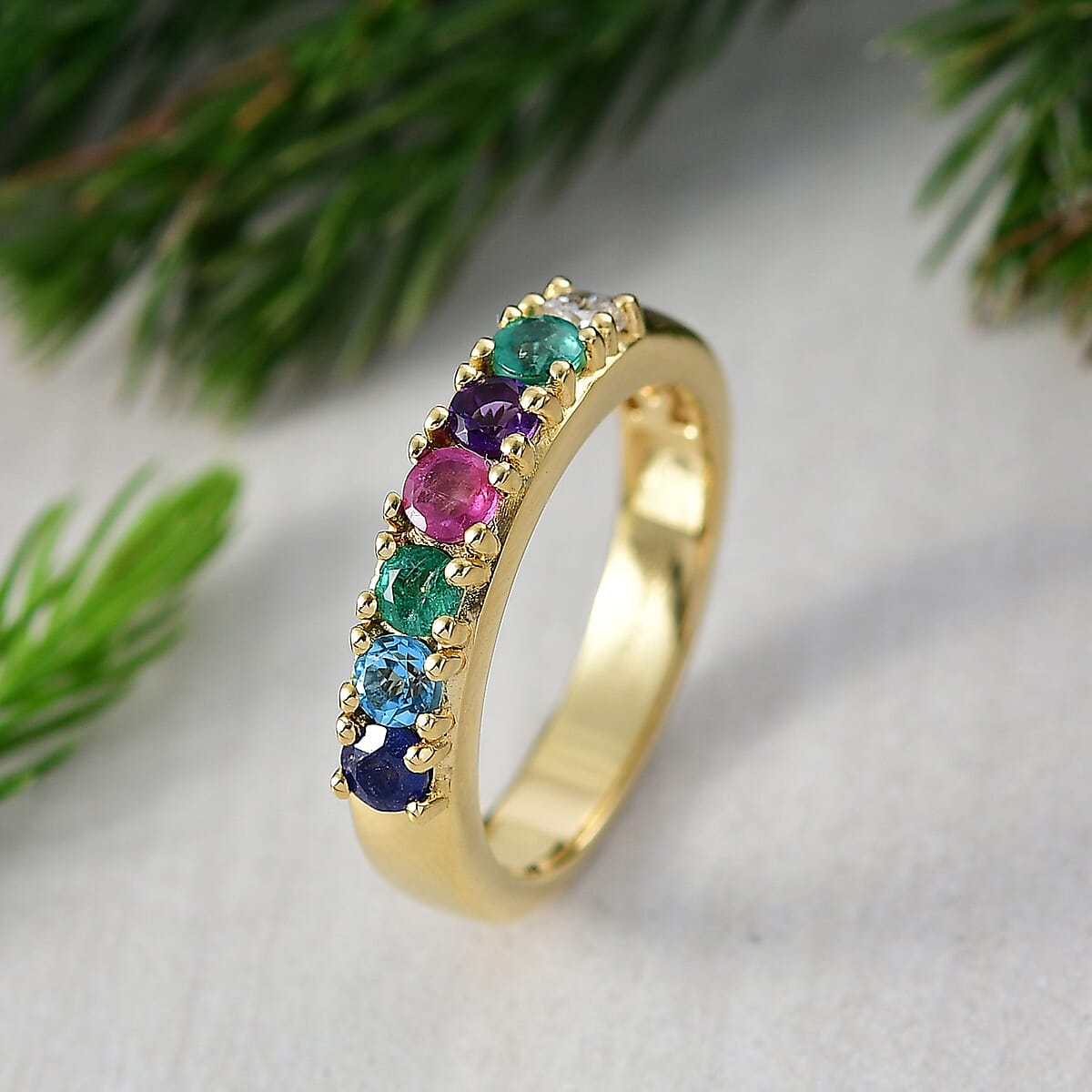 Multi Gemstones and Luxuriant Lab Grown Diamond I1 0.90 ctw Ring in 18K Vermeil Yellow Gold Over Sterling Silver (Size 5.0) image number 1