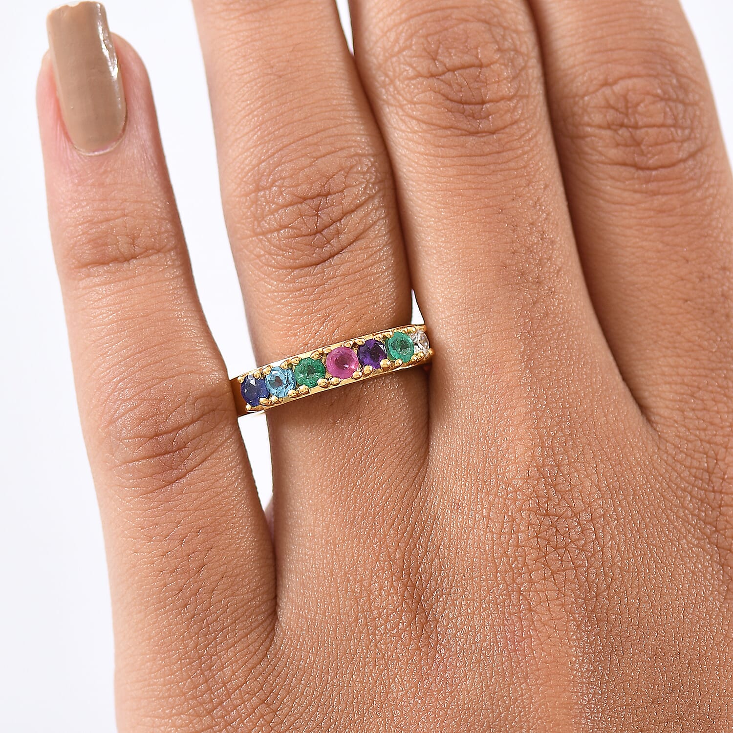 Multi Gemstones and Luxuriant Lab Grown Diamond I1 0.90 ctw Ring in 18K Vermeil Yellow Gold Over Sterling Silver (Size 5.0)