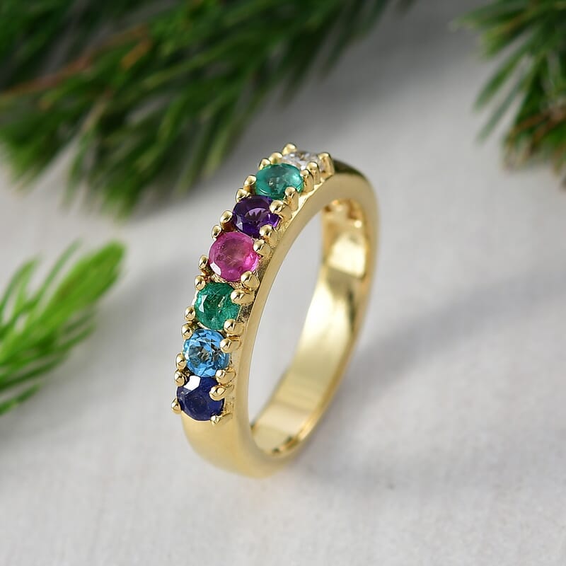 D'Joy Multi Gemstones and Lab Grown Diamond I1 0.90 ctw Ring in 18K Vermeil Yellow Gold Over Sterling Silver (Size 9.0)