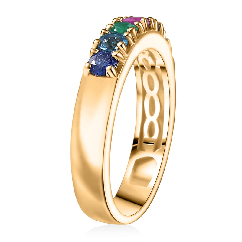 D'Joy Multi Gemstones and Lab Grown Diamond I1 0.90 ctw Ring in 18K Vermeil Yellow Gold Over Sterling Silver (Size 9.0)