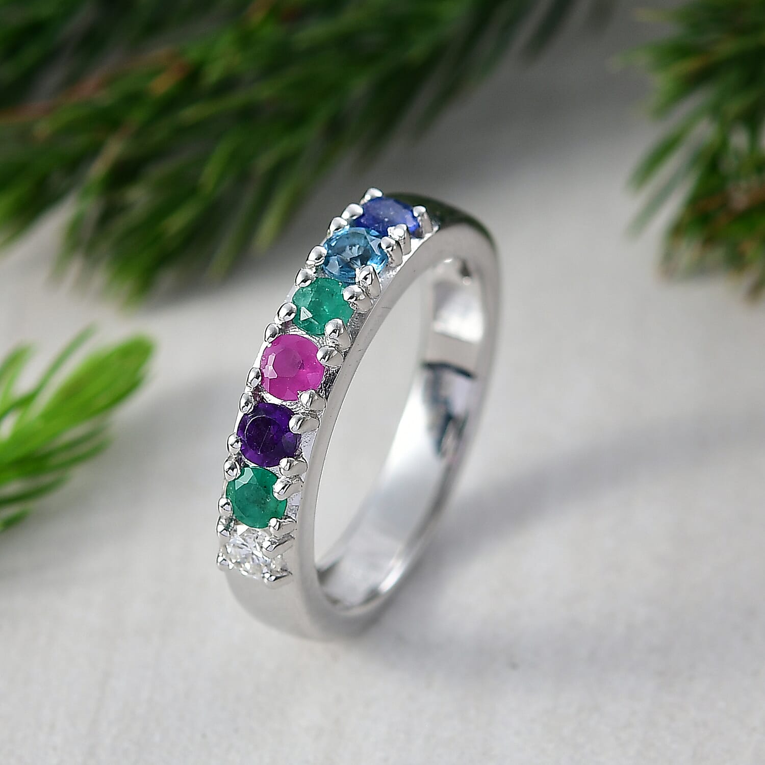 D'Joy Multi Gemstones and Lab Grown Diamond I1 0.90 ctw Ring in Rhodium Over Sterling Silver (Size 8.0)