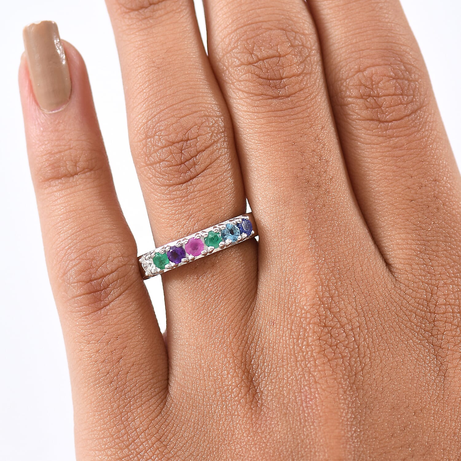 D'Joy Multi Gemstones and Lab Grown Diamond I1 0.90 ctw Ring in Rhodium Over Sterling Silver (Size 8.0)
