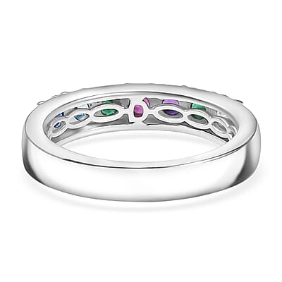 D'Joy Multi Gemstones and Lab Grown Diamond I1 0.90 ctw Ring in Rhodium Over Sterling Silver (Size 8.0)