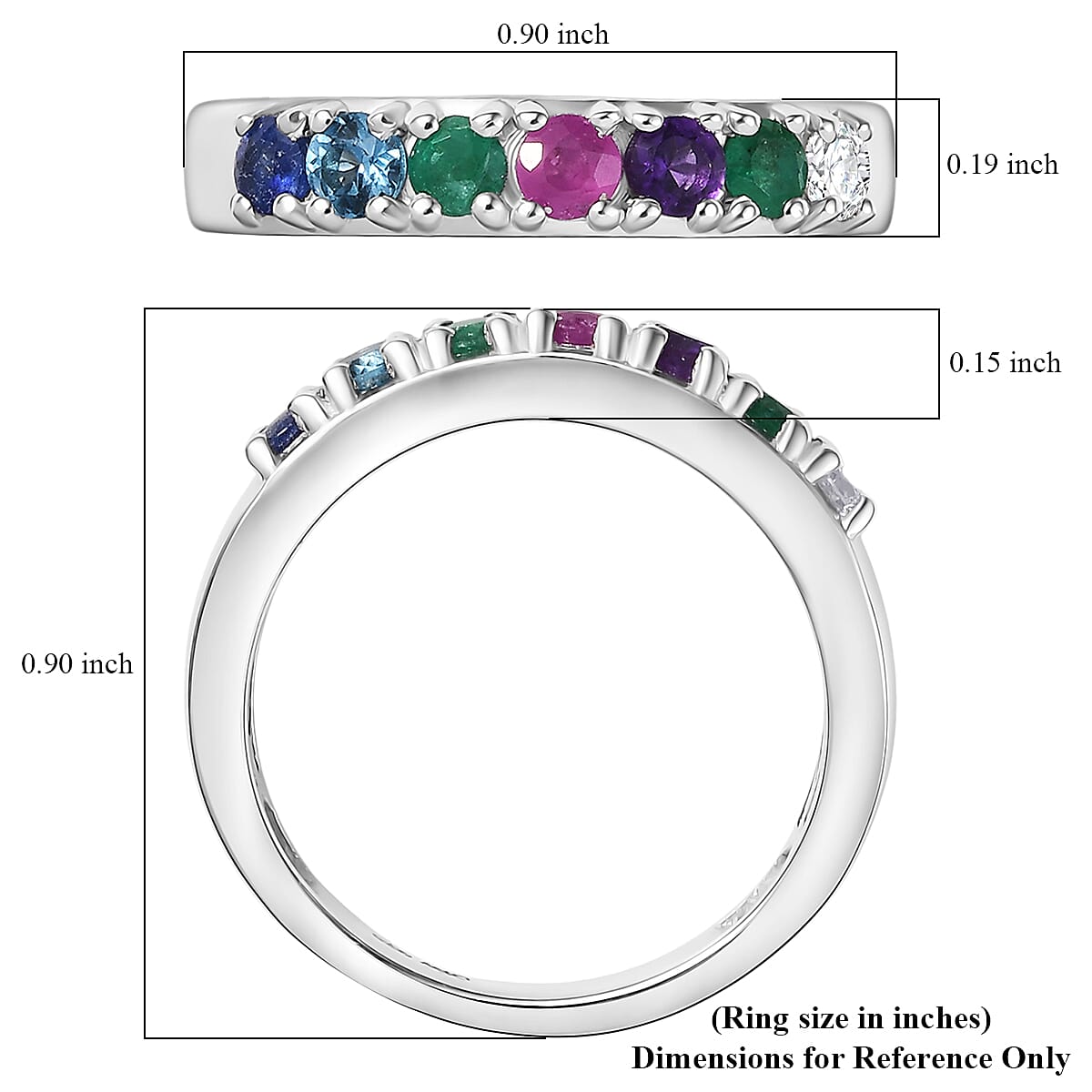 D'Joy Multi Gemstones and Lab Grown Diamond I1 0.90 ctw Ring in Rhodium Over Sterling Silver (Size 8.0)
