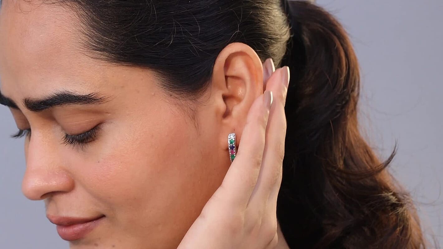 D'Joy Multi Gemstone and Lab Grown Diamond I1 1.50 ctw Earrings in Rhodium Over Sterling Silver