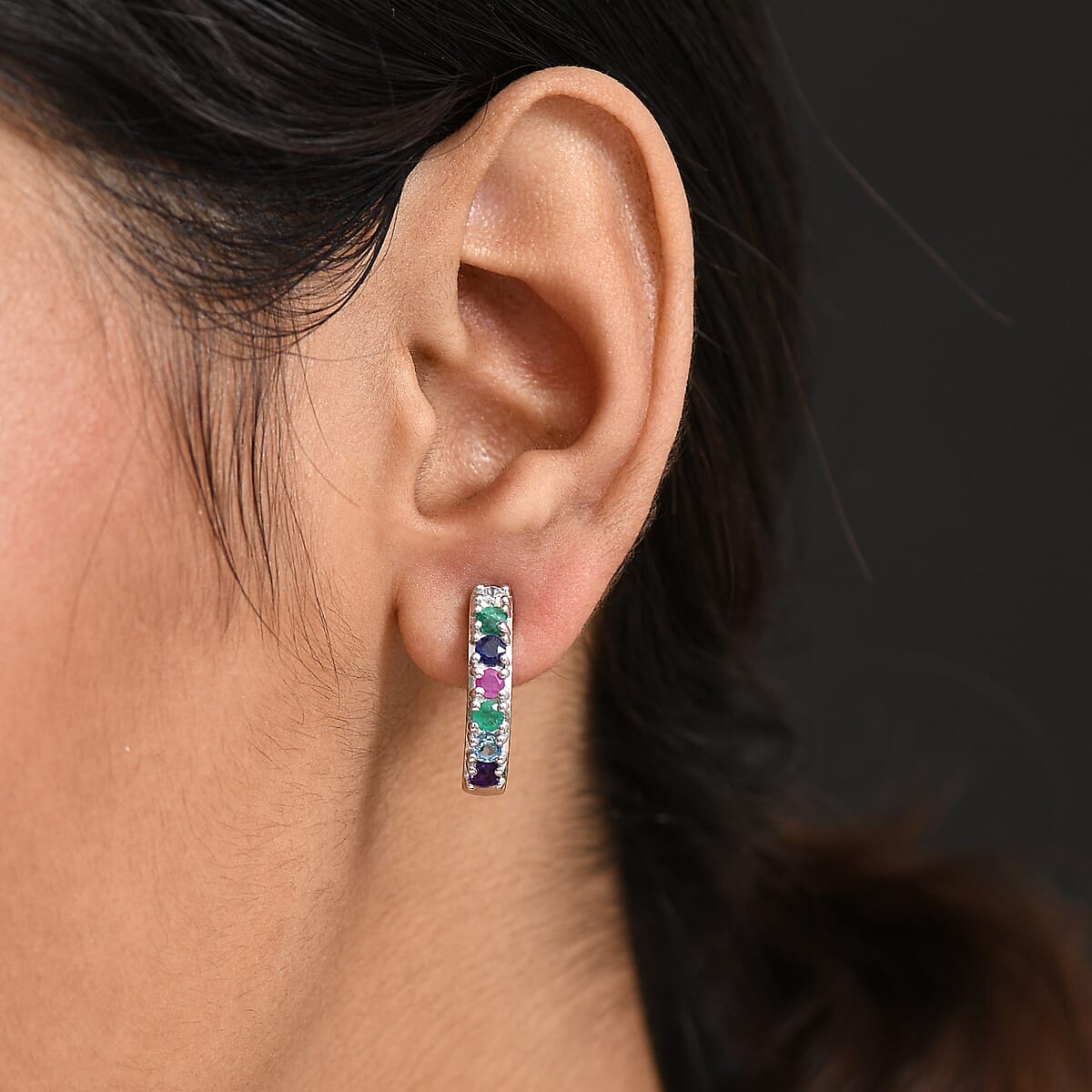 D'Joy Multi Gemstone and Lab Grown Diamond I1 1.50 ctw Earrings in Rhodium Over Sterling Silver image number 2