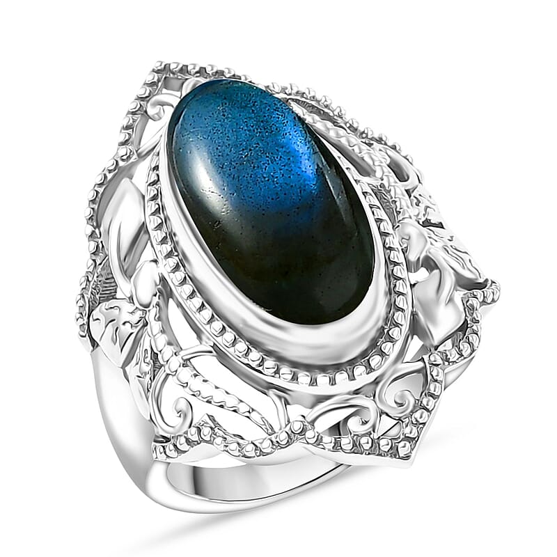 D'Joy Passport to Israel Artisan Crafted Malagasy Labradorite 5.35 ctw Solitaire Ring in Sterling Silver (Size 10.0)