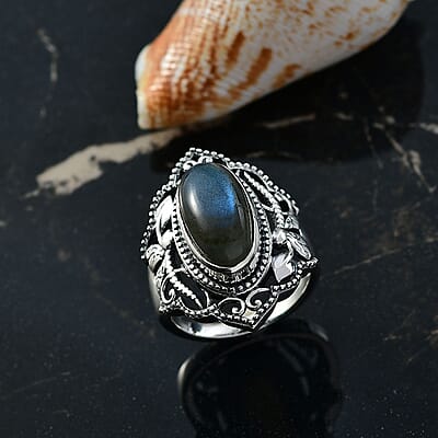 D'Joy Passport to Israel Artisan Crafted Malagasy Labradorite 5.35 ctw Solitaire Ring in Sterling Silver (Size 10.0)