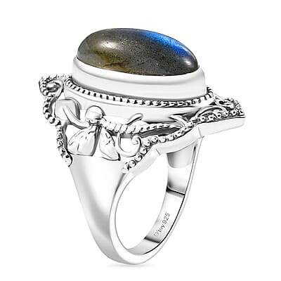 D'Joy Passport to Israel Artisan Crafted Malagasy Labradorite 5.35 ctw Solitaire Ring in Sterling Silver (Size 10.0)