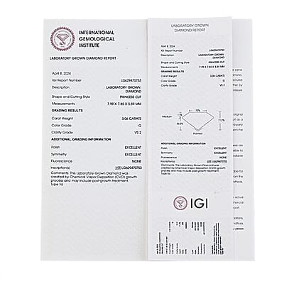 IGI Certified Luxuriant Lab Grown Diamond (Sqr 7.8x7.8 mm) (E-F, VS) 3.10 ctw