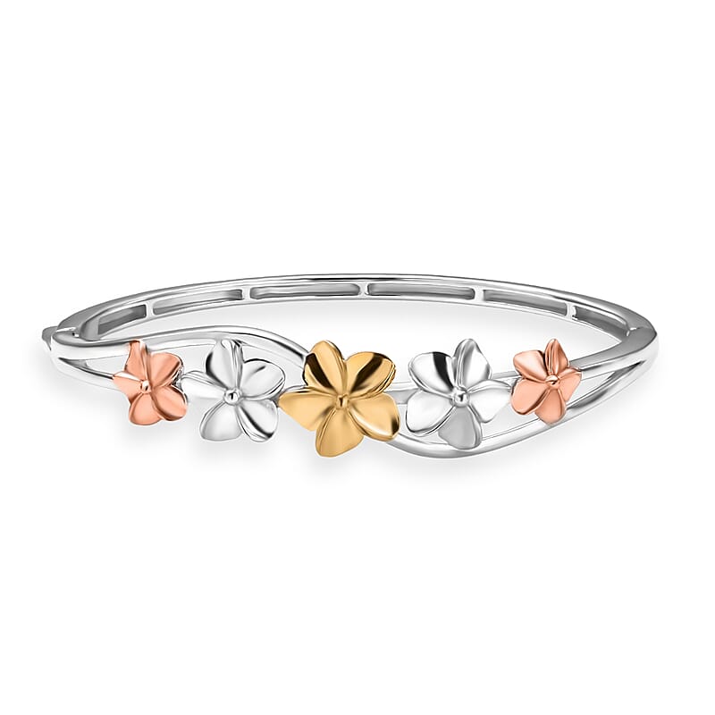 D'Joy Floral Bangle Bracelet in 18K Vermeil YRG and Rhodium Over Sterling Silver (7.25 In) 22.30 Grams