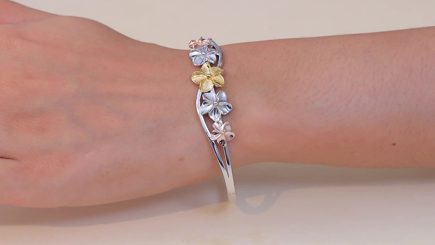 D'Joy Floral Bangle Bracelet in 18K Vermeil YRG and Rhodium Over Sterling Silver (7.25 In) 22.30 Grams