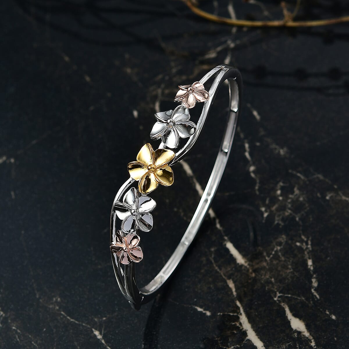 D'Joy Floral Bangle Bracelet in 18K Vermeil YRG and Rhodium Over Sterling Silver (7.25 In) 22.30 Grams image number 1
