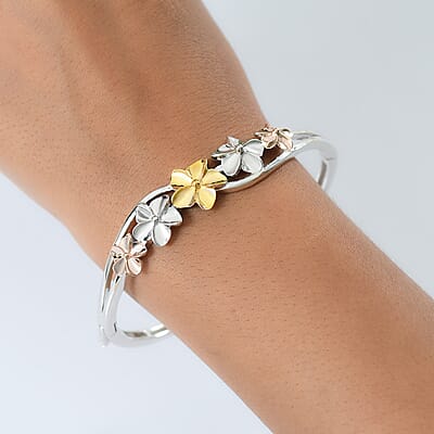 D'Joy Floral Bangle Bracelet in 18K Vermeil YRG and Rhodium Over Sterling Silver (7.25 In) 22.30 Grams