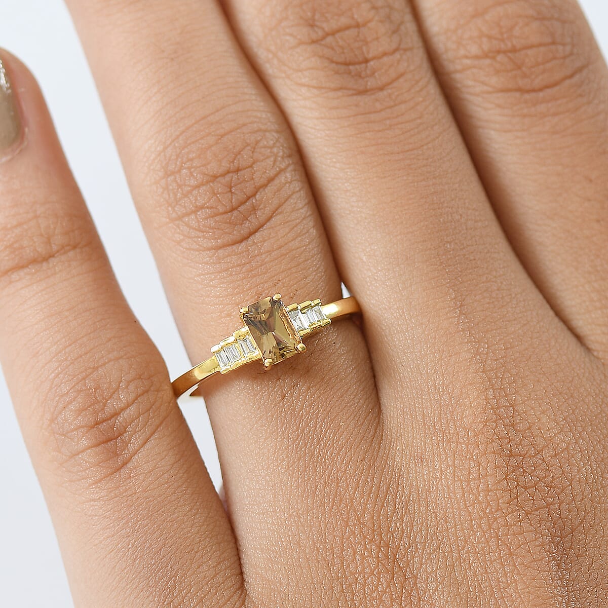 Golden Turkizite and G-H SI Luxuriant Lab Grown Diamond 0.70 ctw Ring in 18K Vermeil Yellow Gold Over Sterling Silver (Size 10.0) image number 2