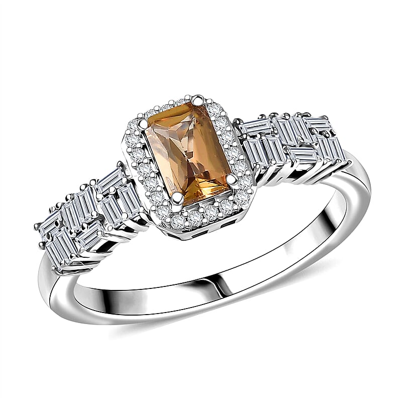 D'Joy Golden Turkizite and Moissanite 1.00 ctw Ring in Rhodium Over Sterling Silver (Size 6.0)