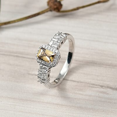 D'Joy Golden Turkizite and Moissanite 1.00 ctw Ring in Rhodium Over Sterling Silver (Size 6.0)