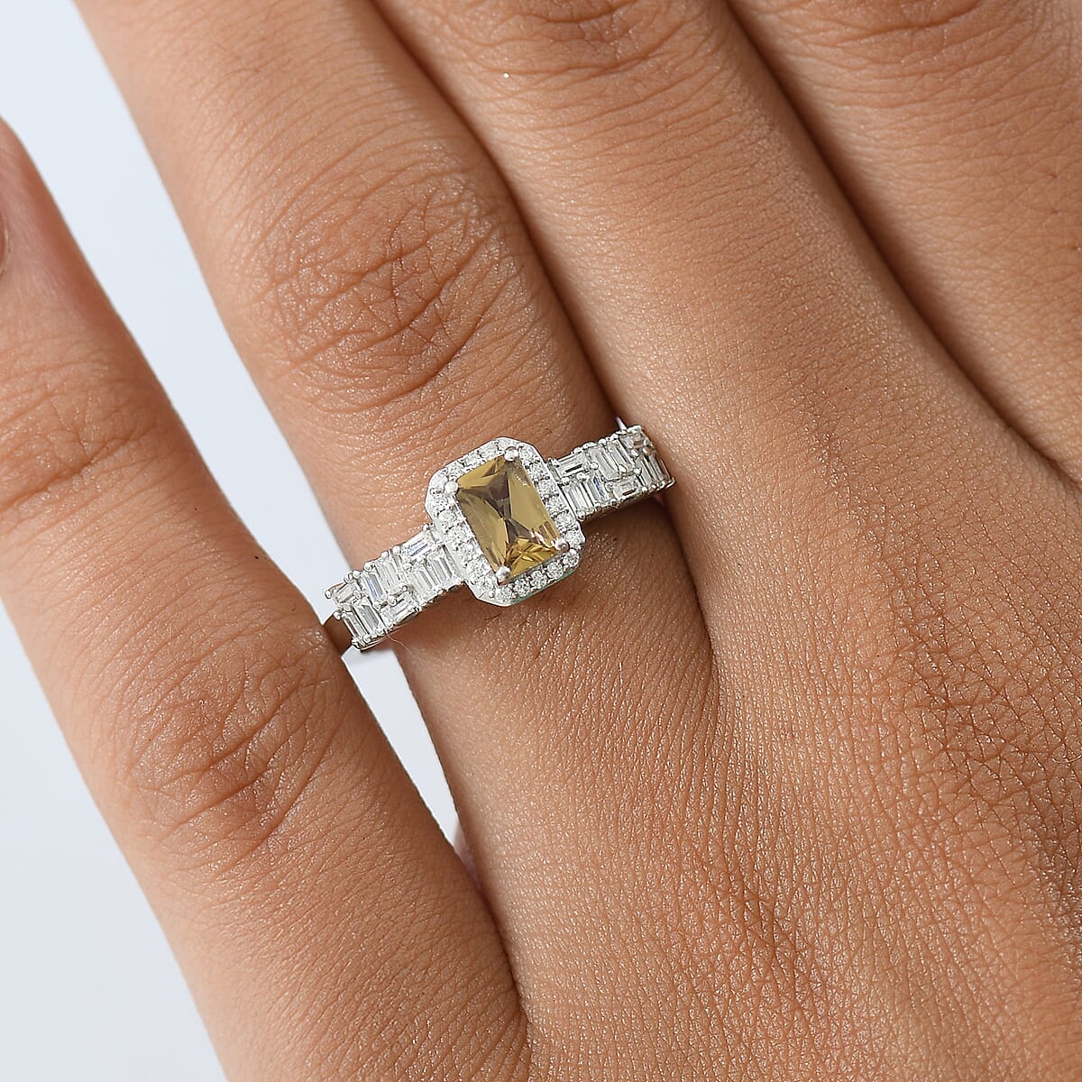 D'Joy Golden Turkizite and Moissanite 1.00 ctw Ring in Rhodium Over Sterling Silver (Size 6.0) image number 2