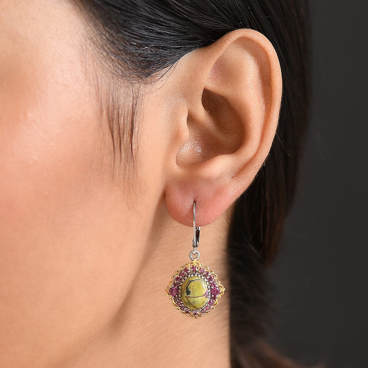 EverTrue Tasmanian Stichtite and Orissa Rhodolite Garnet 6.80 ctw Earrings in 18K YG Plated and Platinum Bond image number 2