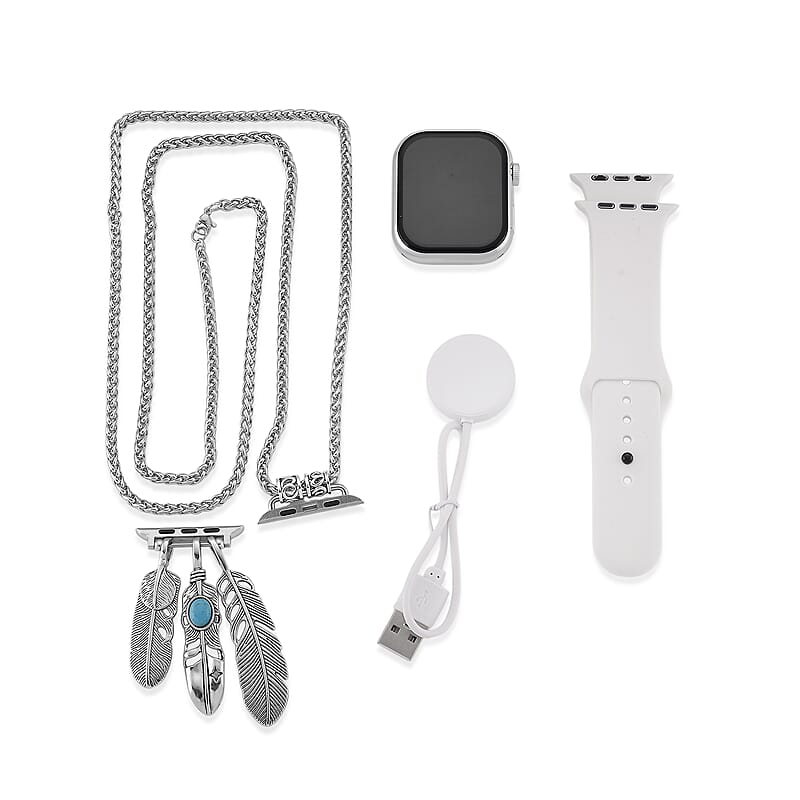 S9 Smart Multi-functional Silver Smart Watch with White Silicone Strap and Feather Pendant Necklace (36 Inches) in Silvertone