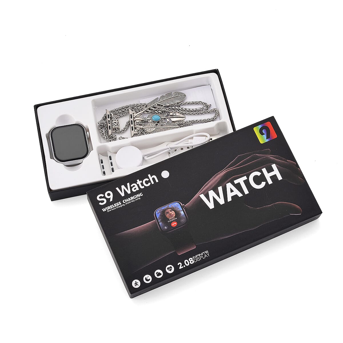 S9 Smart Multi-functional Silver Smart Watch with White Silicone Strap and Robot Pendant Necklace (36 Inches) in Silvertone image number 3