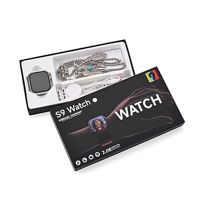 S9 Smart Multi-functional Silver Smart Watch with White Silicone Strap and Feather Pendant Necklace (36 Inches) in Silvertone