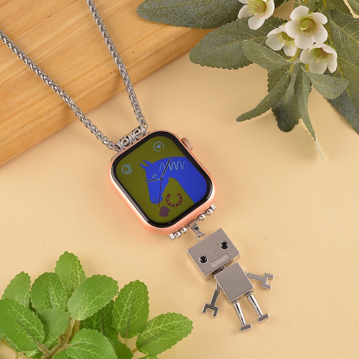 S9 Smart Multi -functional Rose Gold Smart Watch with Pink Silicone Strap and Robot Pendant Necklace (36 Inches) in Silvertone image number 1