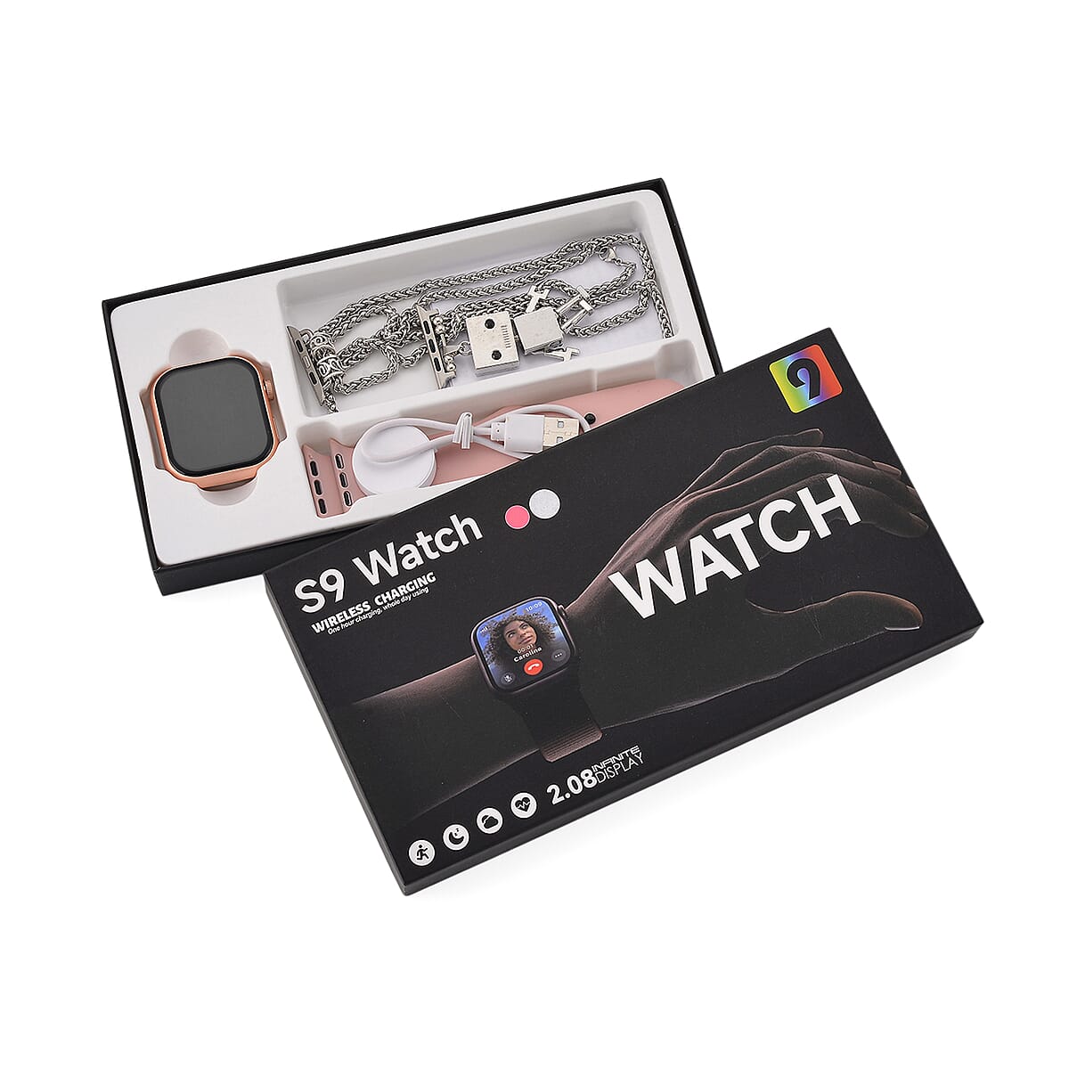 S9 Smart Multi -functional Rose Gold Smart Watch with Pink Silicone Strap and Robot Pendant Necklace (36 Inches) in Silvertone image number 3