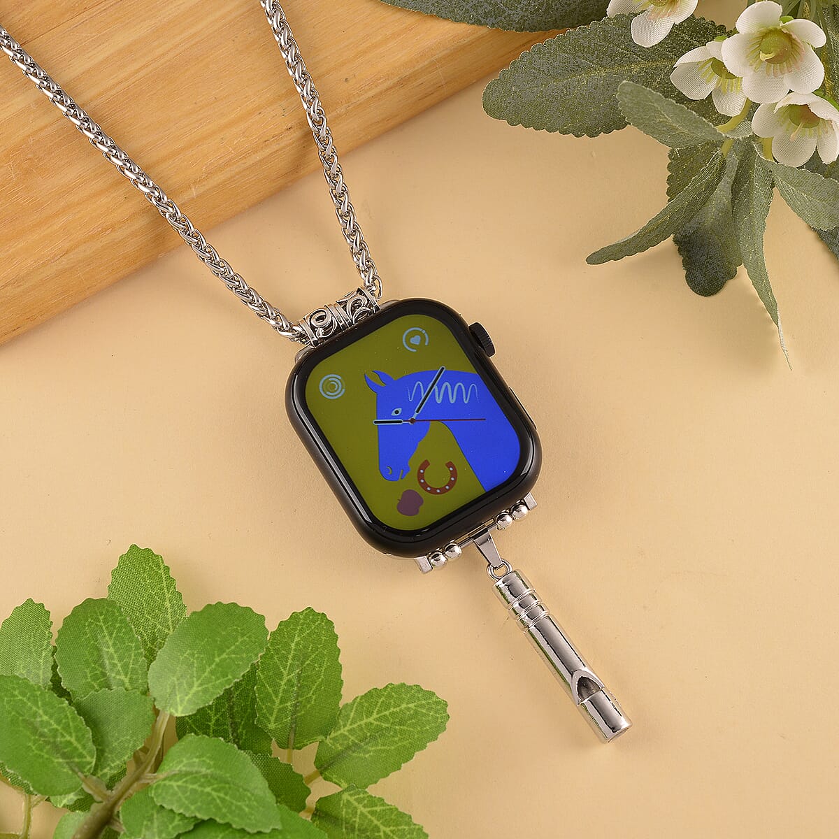 S9 Smart Multi -functional Black Smart Watch with Black Silicone Strap and Whistle Pendant Necklace (36 Inches) in Silvertone image number 1