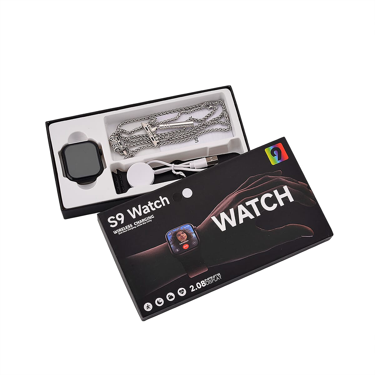 S9 Smart Multi -functional Black Smart Watch with Black Silicone Strap and Whistle Pendant Necklace (36 Inches) in Silvertone image number 3