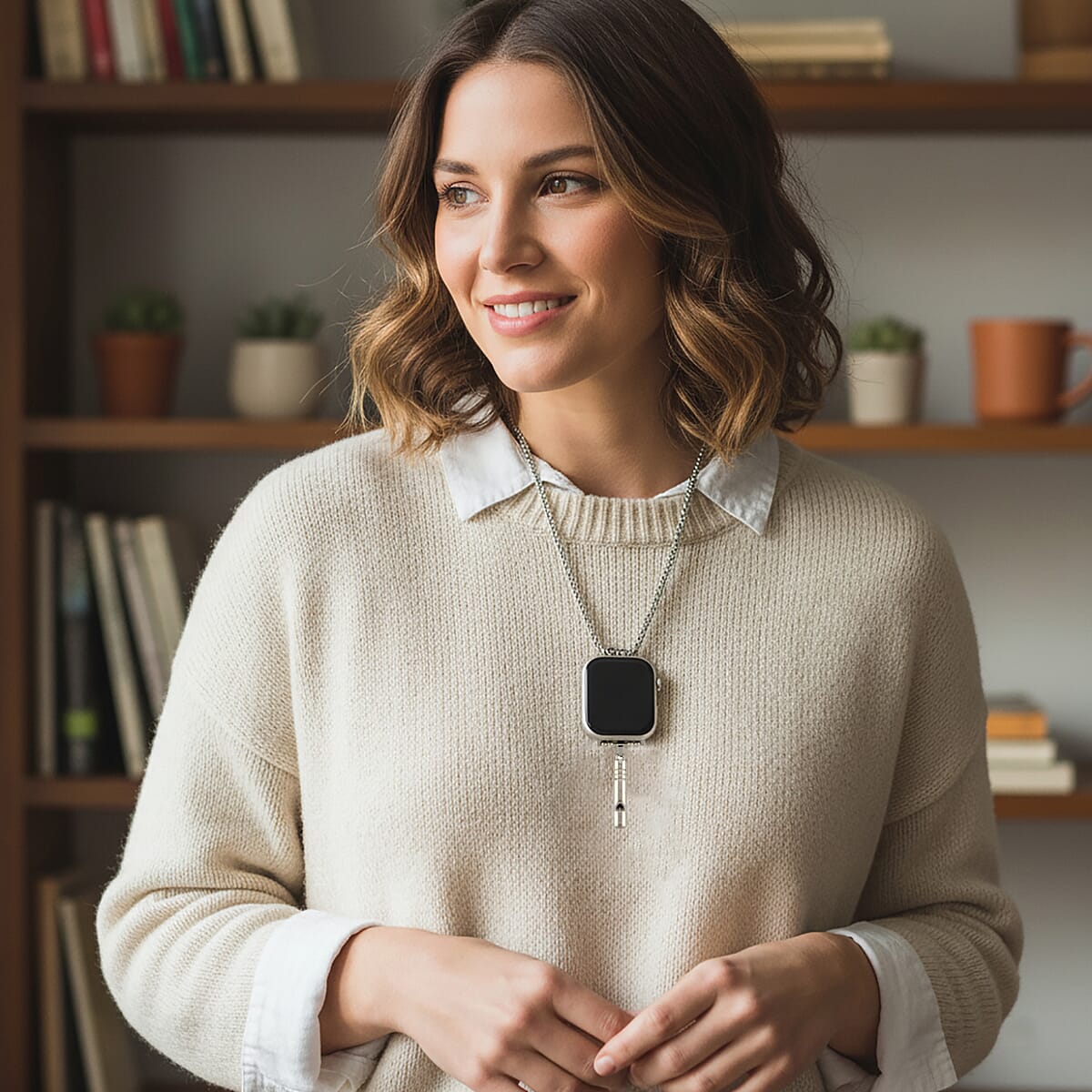 S9 Smart Multi -functional Black Smart Watch with Black Silicone Strap and Whistle Pendant Necklace (36 Inches) in Silvertone image number 4