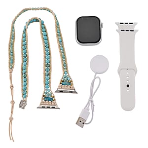 S9 Multi Functional Smart Watch with White Silicone and 3-Row Blue Howlite Strap