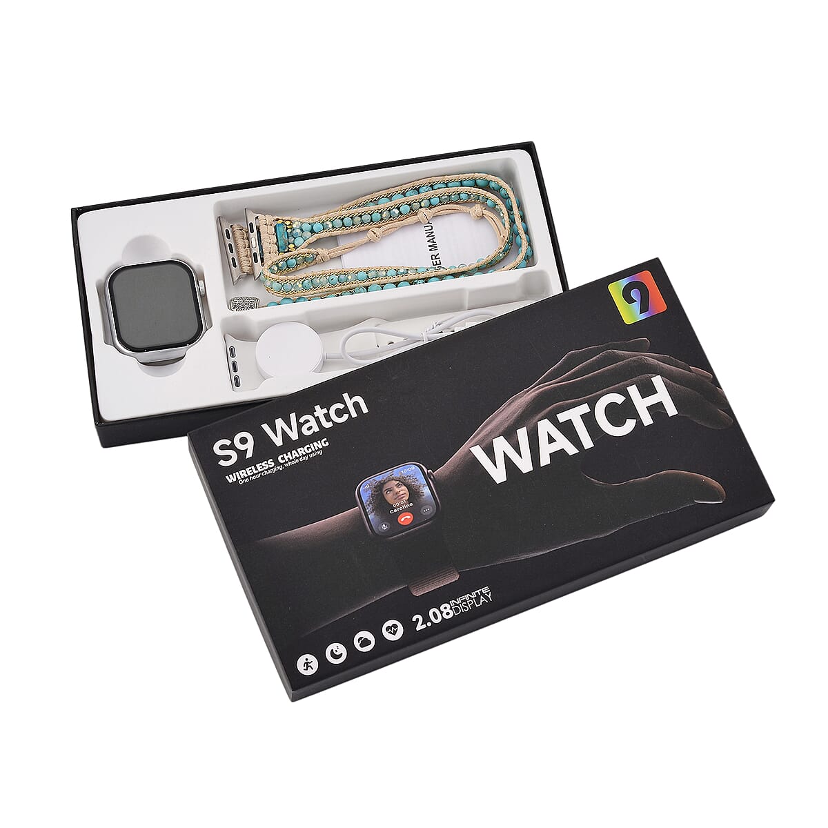 S9 Multi Functional Smart Watch with White Silicone and 3-Row Blue Howlite Strap image number 9