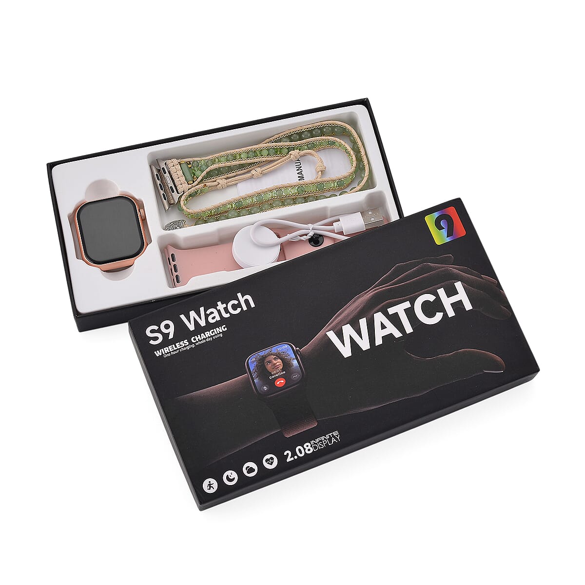 S9 Multi Functional Smart Watch with Pink Silicone and 3-Row Green Aventurine Strap image number 9