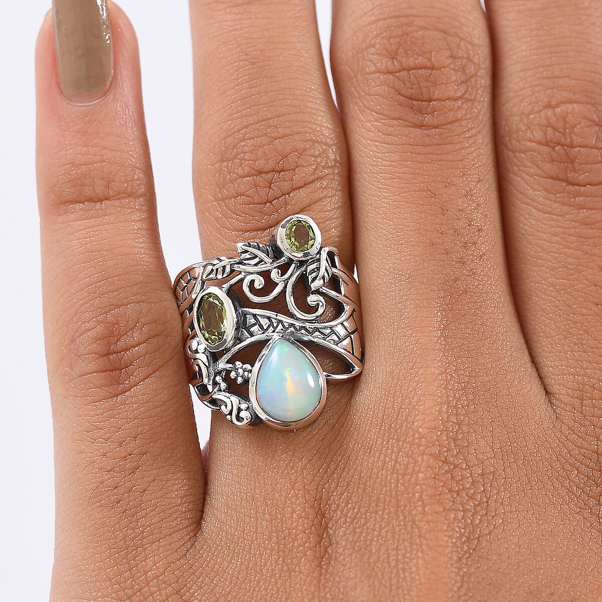 D'Joy Premium Artisan Crafted Ethiopian Welo Opal and Peridot 1.75 ctw Ring in Sterling Silver (Size 10.0) image number 2