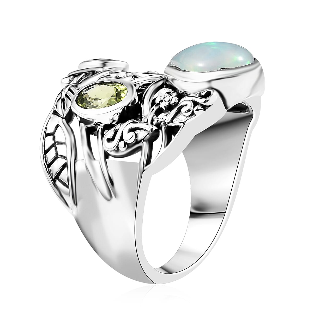 D'Joy Premium Artisan Crafted Ethiopian Welo Opal and Peridot 1.75 ctw Ring in Sterling Silver (Size 10.0) image number 3