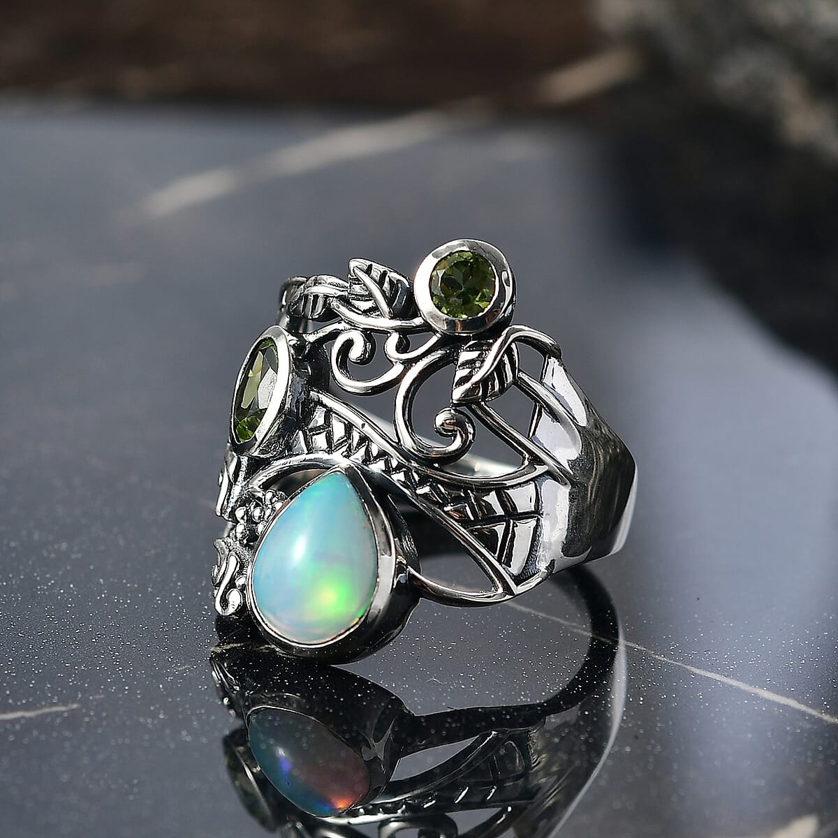 D'Joy Premium Artisan Crafted Ethiopian Welo Opal and Peridot 1.75 ctw Ring in Sterling Silver (Size 6.0) image number 1