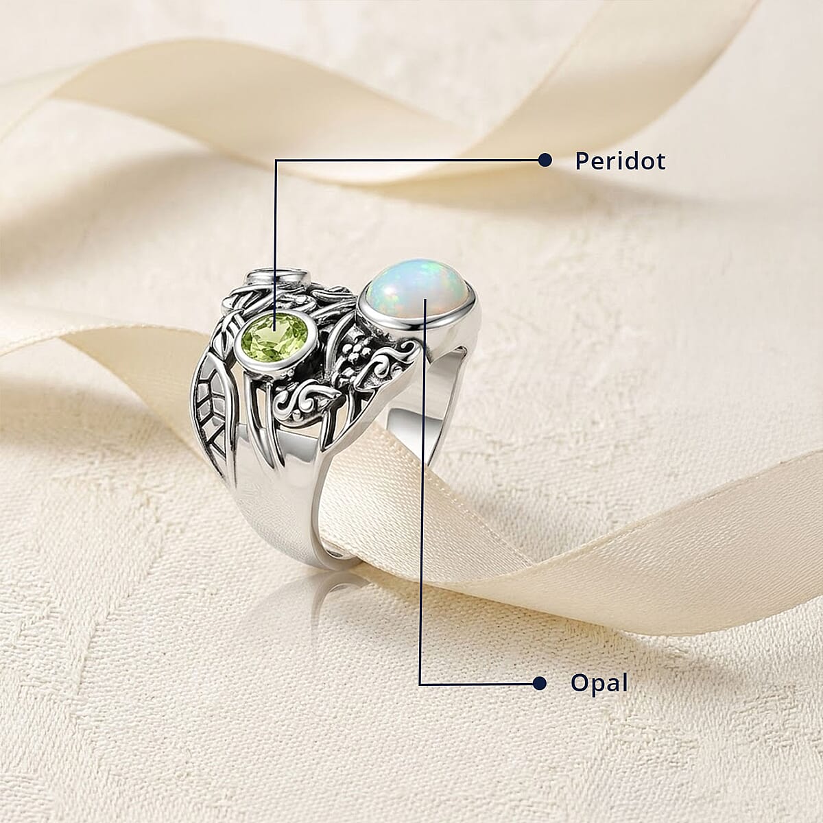 D'Joy Premium Artisan Crafted Ethiopian Welo Opal and Peridot 1.75 ctw Ring in Sterling Silver (Size 7.0) image number 2