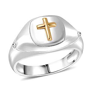 D'Joy Cross Mens Ring in 18K Vermeil YG and Rhodium Over Sterling Silver (Size 11.0) 6.55 Grams